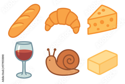 French cuisine essentials featuring bread, cheese, wine, and snail. Set of 6 vector illustration