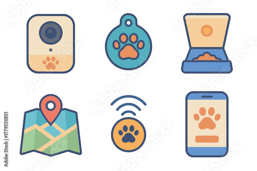 Pet technology icons featuring tracking devices and feeding systems. Set of 6 vector illustration