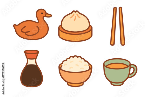 Delicious Asian cuisine with duck, dumplings, and rice on display. Set of 6 vector illustration