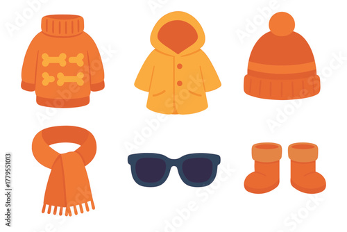 Warm winter clothing collection for children and adults in orange. Set of 6 vector illustration