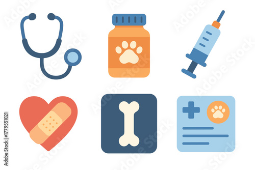 Pet care essentials for animal health and wellness awareness. Set of 6 vector illustration