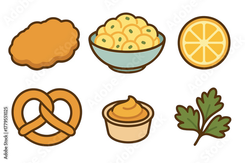 Delicious snacks for a festive gathering or casual celebration. Set of 6 vector illustration