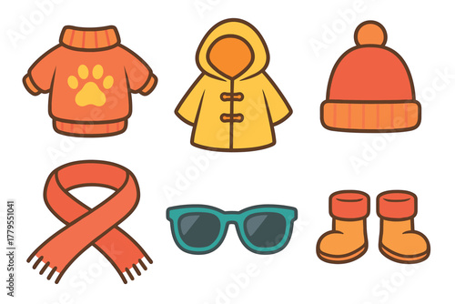 Cozy autumn clothing for outdoor adventures and chilly days. Set of 6 vector illustration