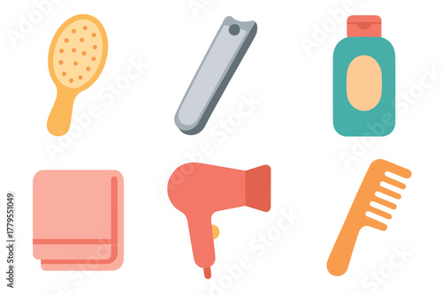 Essential hair care tools for daily grooming routine. Set of 6 vector illustration