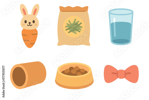 Fun and playful rabbit care supplies for pet owners. Set of 6 vector illustration