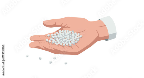 Realistic hand holding pills on white background