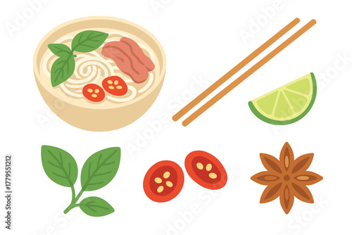Delicious bowl of noodle soup with fresh ingredients and herbs. Set of 6 vector illustration
