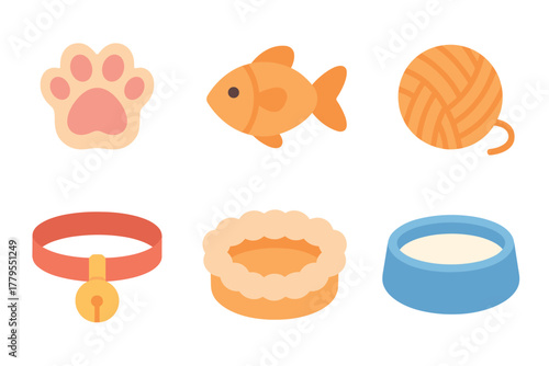 Pet supplies for playful companions and loving homes. Set of 6 vector illustration