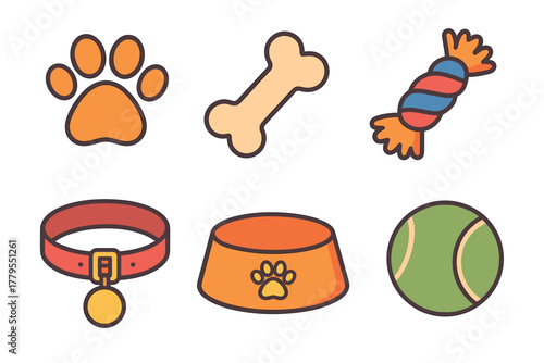 Fun pet accessories collection featuring paw prints, toys, and bowls. Set of 6 vector illustration