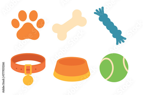 Pet accessories collection including toys and essentials for dogs. Set of 6 vector illustration