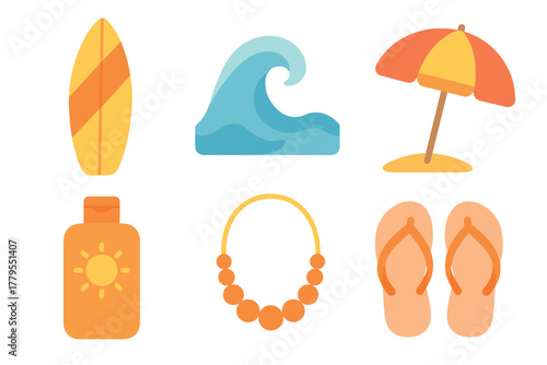 Summer vacation essentials for beach activities and relaxation. Set of 6 vector illustration