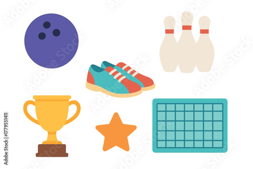 Bowling accessories and trophy for fun and competition. Set of 6 vector illustration