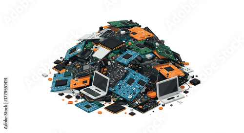 Pile of electronic waste featuring circuit boards and devices in detailed 3d style