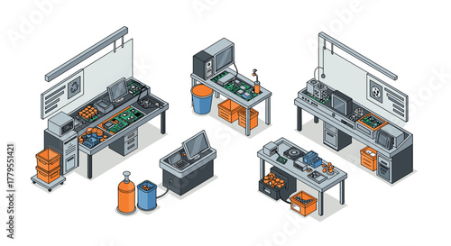 Isometric electronics workshop interior with tools and components on benches