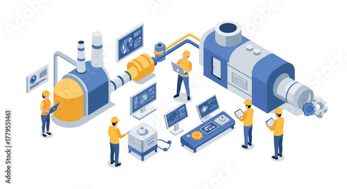 Isometric factory automation engineers monitor industrial machinery and data