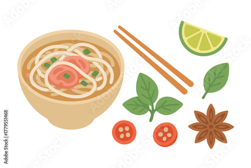 Delicious bowl of noodle soup with lime and fresh herbs. Set of 6 vector illustration