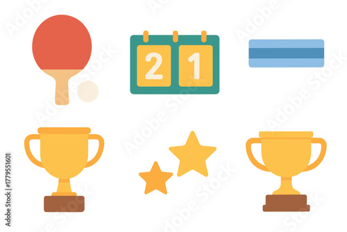 Exciting table tennis tournament with trophies and scorecards. Set of 6 vector illustration