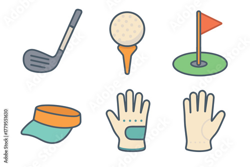 Essential golf gear for an enjoyable day on the course. Set of 6 vector illustration