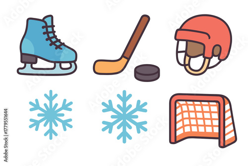 Ice hockey equipment and winter sports elements for designs. Set of 6 vector illustration