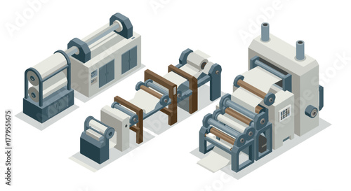 Isometric industrial paper printing machines set with rollers and components