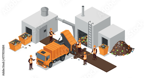 Isometric waste management scene with workers and industrial facility