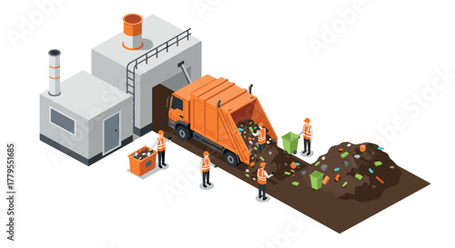 Isometric waste management scene with garbage truck at recycling facility