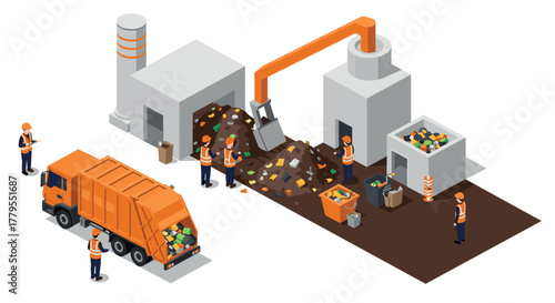 Isometric recycling center with workers and garbage truck in action