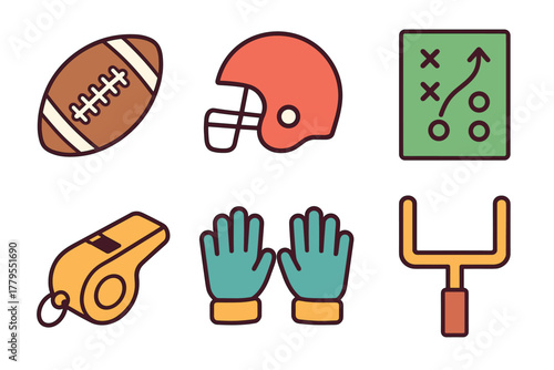 Elements of American football for sports enthusiasts and coaches. Set of 6 vector illustration