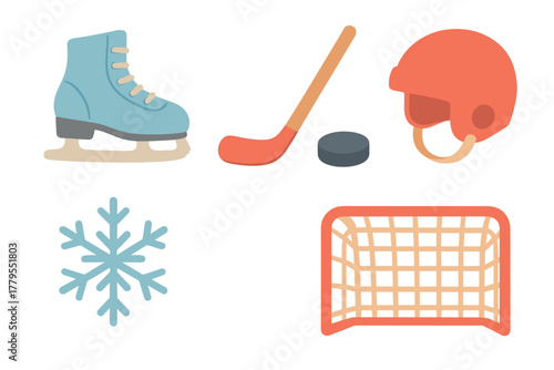 Ice skating and hockey equipment for winter sports enthusiasts. Set of 6 vector illustration