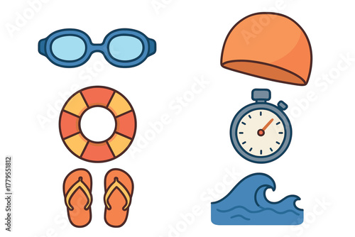 Swimming gear and beach essentials for summer fun and safety. Set of 6 vector illustration