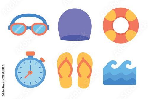 Summer swimming tools and accessories for pool fun. Set of 6 vector illustration