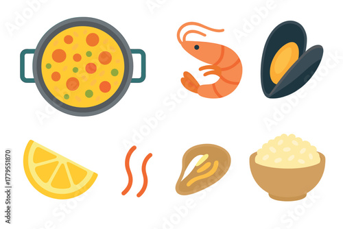 Colorful seafood paella ingredients for a delightful meal preparation. Set of 6 vector illustration