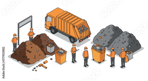 Isometric waste management concept with workers, trucks, and recycling bins