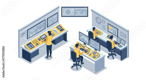Modern control room with engineers using technology in isometric design