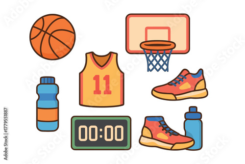 Basketball equipment and accessories for training and play. Set of 6 vector illustration