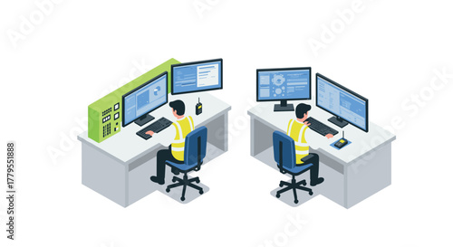 Isometric office automation with engineers at dual computer stations