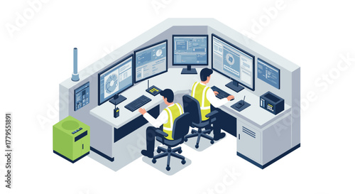 Modern isometric control room with two operators and multiple monitors in hightech setting