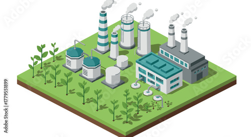 Ecofriendly industrial complex with green energy in isometric design