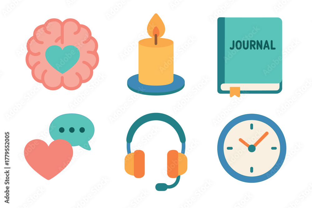 Fototapeta premium Mindfulness practices for stress relief and personal growth tools. Set of 6 vector illustration