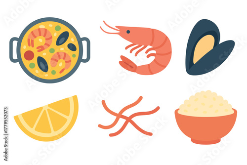 Delicious seafood paella with shrimp, mussels, and fresh ingredients. Set of 6 vector illustration