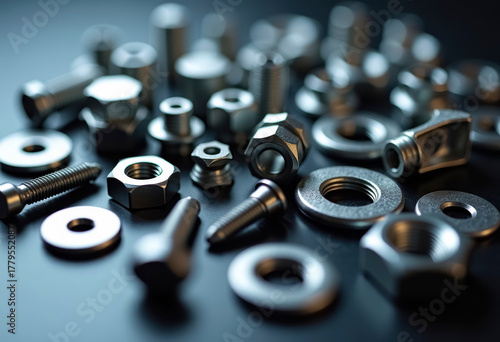 Close-up of a variety of fasteners, including nuts and washers, on a smooth, dark surface.