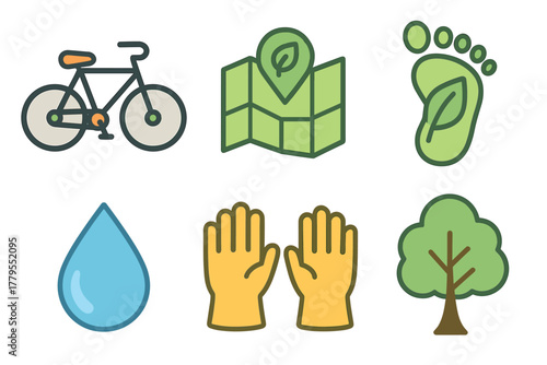 Sustainable lifestyle symbols for eco friendly living and travel. Set of 6 vector illustration