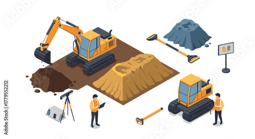 Isometric construction site equipment with excavators and surveyors