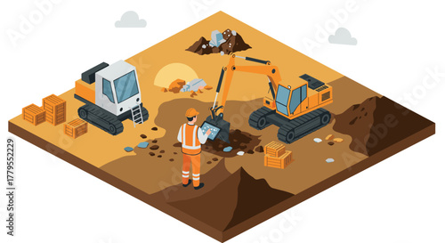 Construction site isometric art with excavators and worker in safety gear