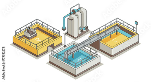 Isometric water treatment plant with filtration system and tanks