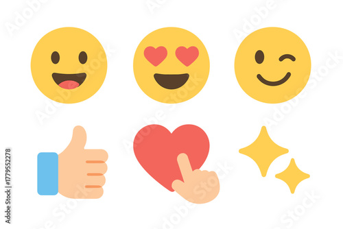 Emotions expressed through smiley faces and gestures of love. Set of 6 vector illustration