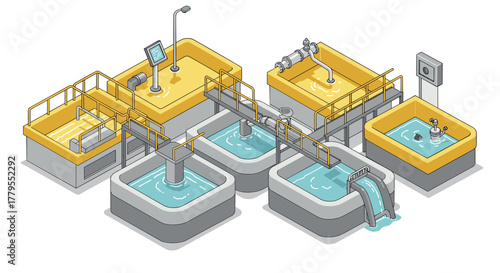 Isometric water treatment plant with modern urban infrastructure design