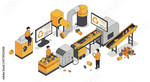 Isometric recycling factory concept with workers and machinery