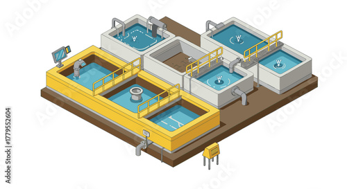 Isometric water treatment plant with pools and pipes in industrial setting