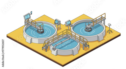 Isometric water treatment plant with digital control displays and circular tanks